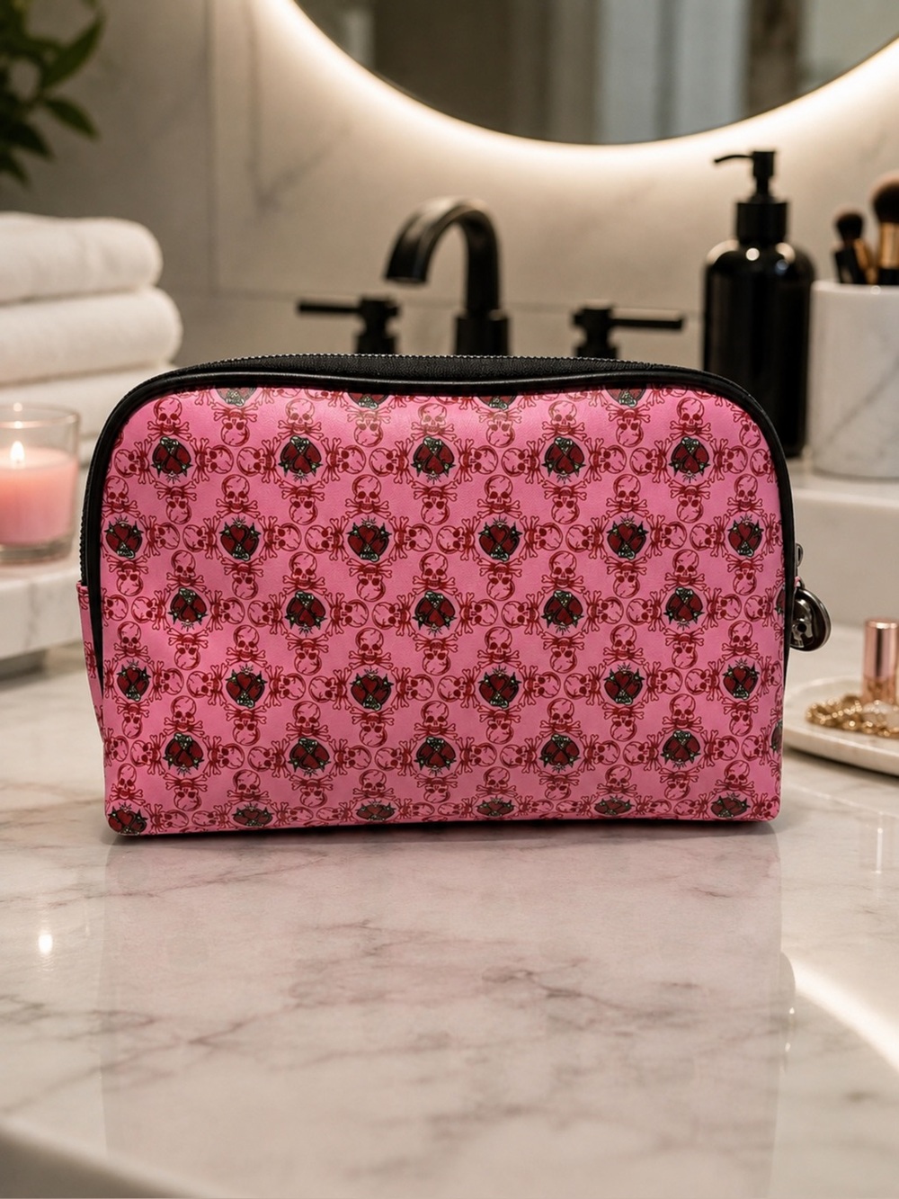 Ed Hardy Pink Printed Skull-Heart Cosmetic Pouch